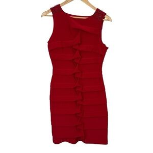 Adrianna Papell Bodycon Cocktail Dress Sz 8 Red Sleeveless Beaded Tight Sexy EUC